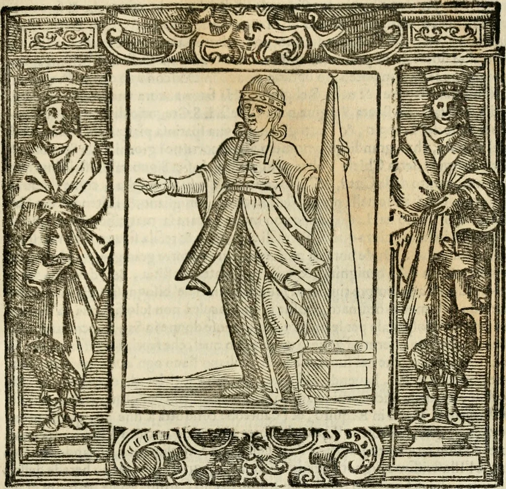 An illustration from Iconologia di Cesare Ripa perugino, cavre. de sti. Mauritio, e Lazzaro : nella quale si descriuono diuerse imagini di virtù, vitij, affetti, passioni humane, arti, discipline, humori, elementi, corpi celesti, prouincie d'Italia, fiumi, tutte le parti del mondo, ed altere infinite materie : opera vtile ad oratori, predicatori, poeti, pittori, scultori, disegnatori, e ad ogni studioso .., 1613, leaf 312