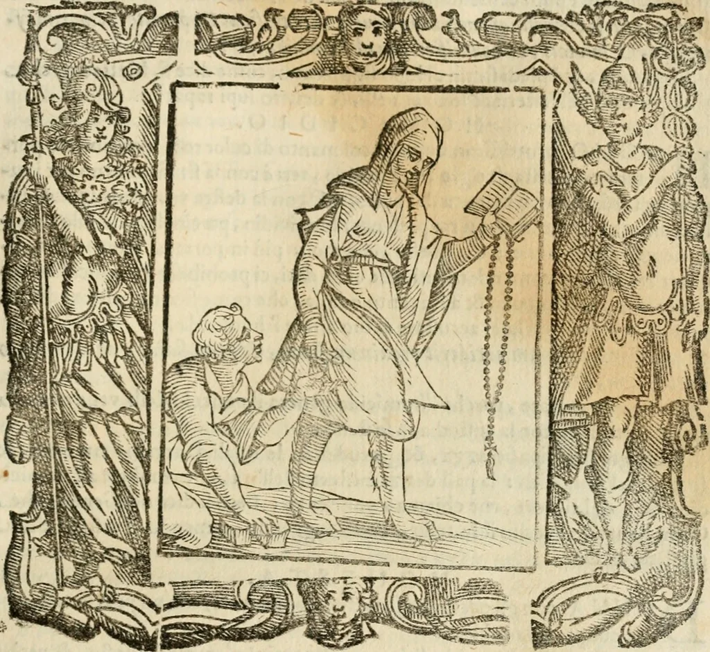 An illustration from Iconologia di Cesare Ripa perugino, cavre. de sti. Mauritio, e Lazzaro : nella quale si descriuono diuerse imagini di virtù, vitij, affetti, passioni humane, arti, discipline, humori, elementi, corpi celesti, prouincie d'Italia, fiumi, tutte le parti del mondo, ed altere infinite materie : opera vtile ad oratori, predicatori, poeti, pittori, scultori, disegnatori, e ad ogni studioso .., 1613, leaf 322