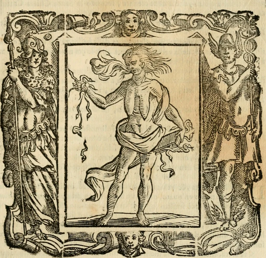 An illustration from Iconologia di Cesare Ripa perugino, cavre. de sti. Mauritio, e Lazzaro : nella quale si descriuono diuerse imagini di virtù, vitij, affetti, passioni humane, arti, discipline, humori, elementi, corpi celesti, prouincie d'Italia, fiumi, tutte le parti del mondo, ed altere infinite materie : opera vtile ad oratori, predicatori, poeti, pittori, scultori, disegnatori, e ad ogni studioso .., 1613, leaf 338