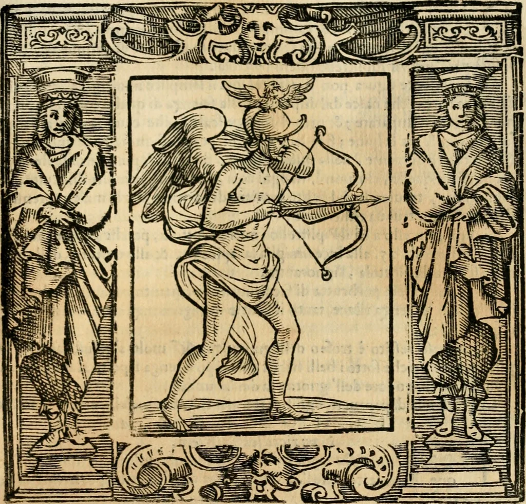 An illustration from Iconologia di Cesare Ripa perugino, cavre. de sti. Mauritio, e Lazzaro : nella quale si descriuono diuerse imagini di virtù, vitij, affetti, passioni humane, arti, discipline, humori, elementi, corpi celesti, prouincie d'Italia, fiumi, tutte le parti del mondo, ed altere infinite materie : opera vtile ad oratori, predicatori, poeti, pittori, scultori, disegnatori, e ad ogni studioso .., 1613, leaf 342