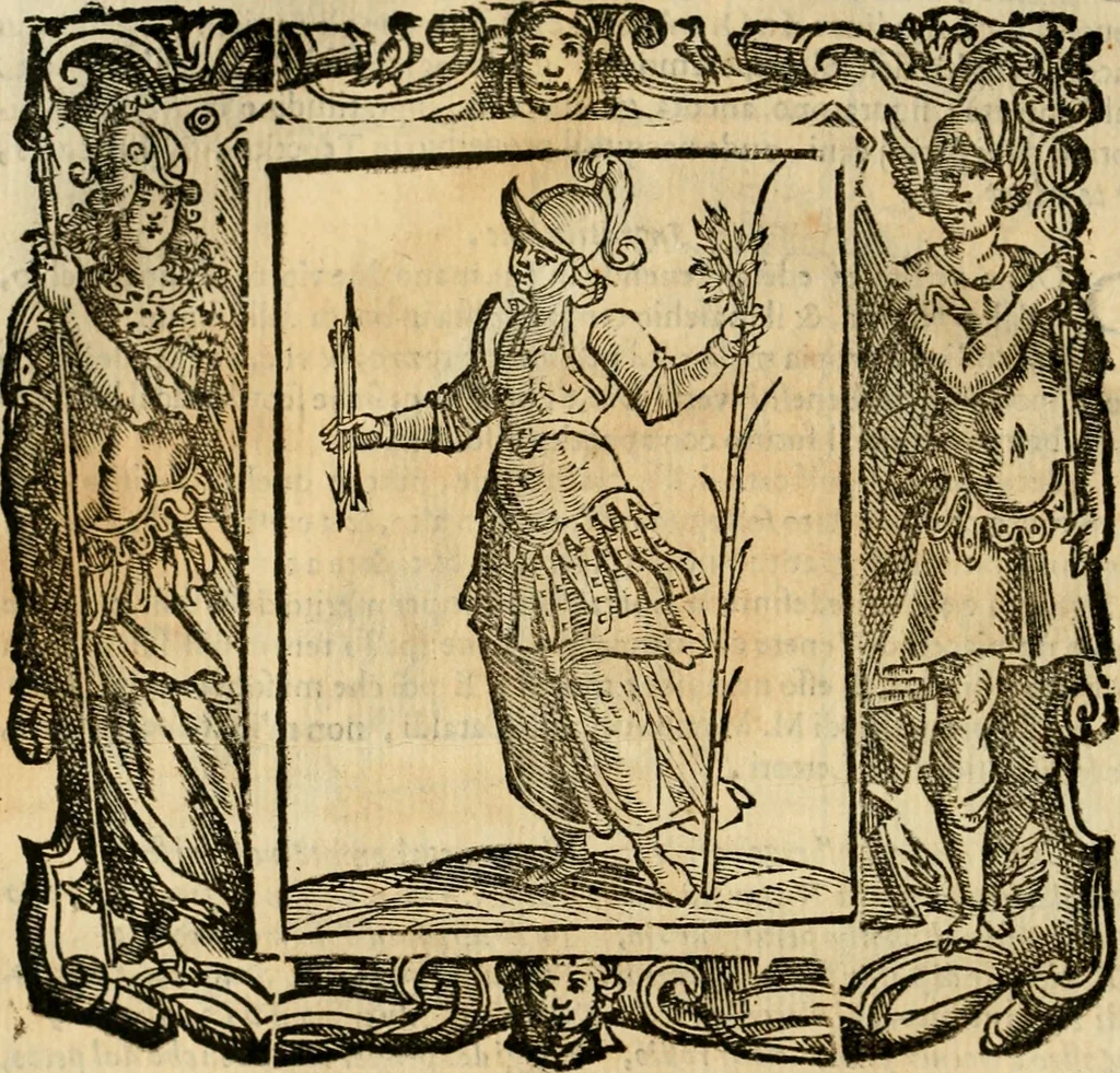 An illustration from Iconologia di Cesare Ripa perugino, cavre. de sti. Mauritio, e Lazzaro : nella quale si descriuono diuerse imagini di virtù, vitij, affetti, passioni humane, arti, discipline, humori, elementi, corpi celesti, prouincie d'Italia, fiumi, tutte le parti del mondo, ed altere infinite materie : opera vtile ad oratori, predicatori, poeti, pittori, scultori, disegnatori, e ad ogni studioso .., 1613, leaf 357