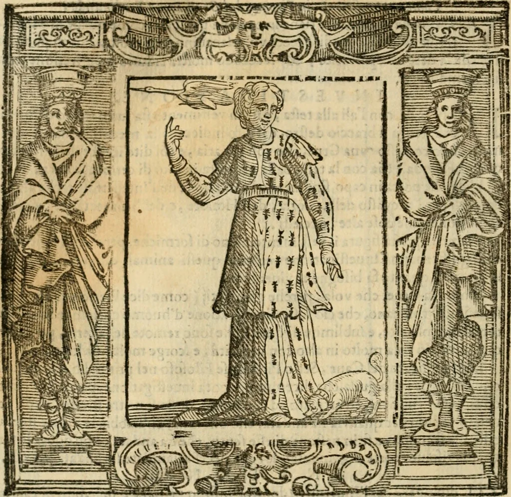 An illustration from Iconologia di Cesare Ripa perugino, cavre. de sti. Mauritio, e Lazzaro : nella quale si descriuono diuerse imagini di virtù, vitij, affetti, passioni humane, arti, discipline, humori, elementi, corpi celesti, prouincie d'Italia, fiumi, tutte le parti del mondo, ed altere infinite materie : opera vtile ad oratori, predicatori, poeti, pittori, scultori, disegnatori, e ad ogni studioso .., 1613, leaf 367