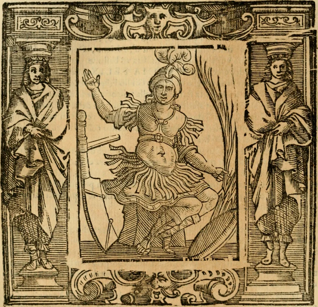 An illustration from Iconologia di Cesare Ripa perugino, cavre. de sti. Mauritio, e Lazzaro : nella quale si descriuono diuerse imagini di virtù, vitij, affetti, passioni humane, arti, discipline, humori, elementi, corpi celesti, prouincie d'Italia, fiumi, tutte le parti del mondo, ed altere infinite materie : opera vtile ad oratori, predicatori, poeti, pittori, scultori, disegnatori, e ad ogni studioso .., 1613, leaf 377