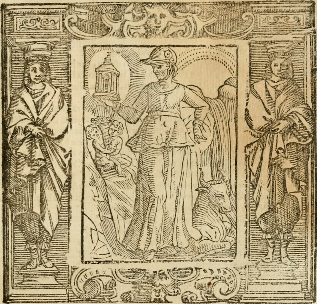 An illustration from Iconologia di Cesare Ripa perugino, cavre. de sti. Mauritio, e Lazzaro : nella quale si descriuono diuerse imagini di virtù, vitij, affetti, passioni humane, arti, discipline, humori, elementi, corpi celesti, prouincie d'Italia, fiumi, tutte le parti del mondo, ed altere infinite materie : opera vtile ad oratori, predicatori, poeti, pittori, scultori, disegnatori, e ad ogni studioso .., 1613, leaf 382