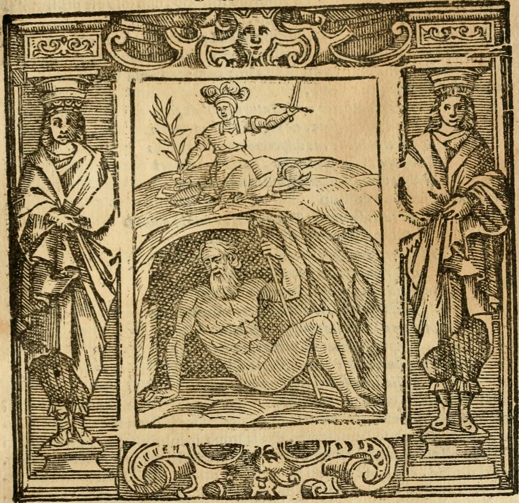 An illustration from Iconologia di Cesare Ripa perugino, cavre. de sti. Mauritio, e Lazzaro : nella quale si descriuono diuerse imagini di virtù, vitij, affetti, passioni humane, arti, discipline, humori, elementi, corpi celesti, prouincie d'Italia, fiumi, tutte le parti del mondo, ed altere infinite materie : opera vtile ad oratori, predicatori, poeti, pittori, scultori, disegnatori, e ad ogni studioso .., 1613, leaf 386