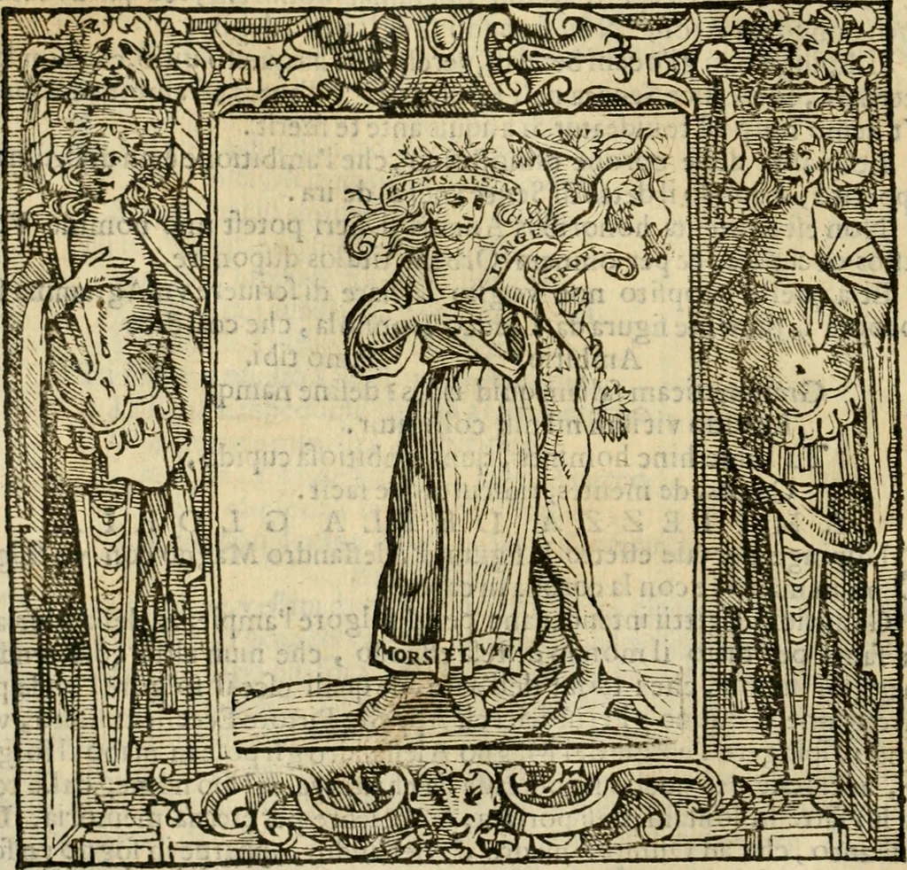 An illustration from Iconologia di Cesare Ripa perugino, cavre. de sti. Mauritio, e Lazzaro : nella quale si descriuono diuerse imagini di virtù, vitij, affetti, passioni humane, arti, discipline, humori, elementi, corpi celesti, prouincie d'Italia, fiumi, tutte le parti del mondo, ed altere infinite materie : opera vtile ad oratori, predicatori, poeti, pittori, scultori, disegnatori, e ad ogni studioso .., 1613, leaf 39