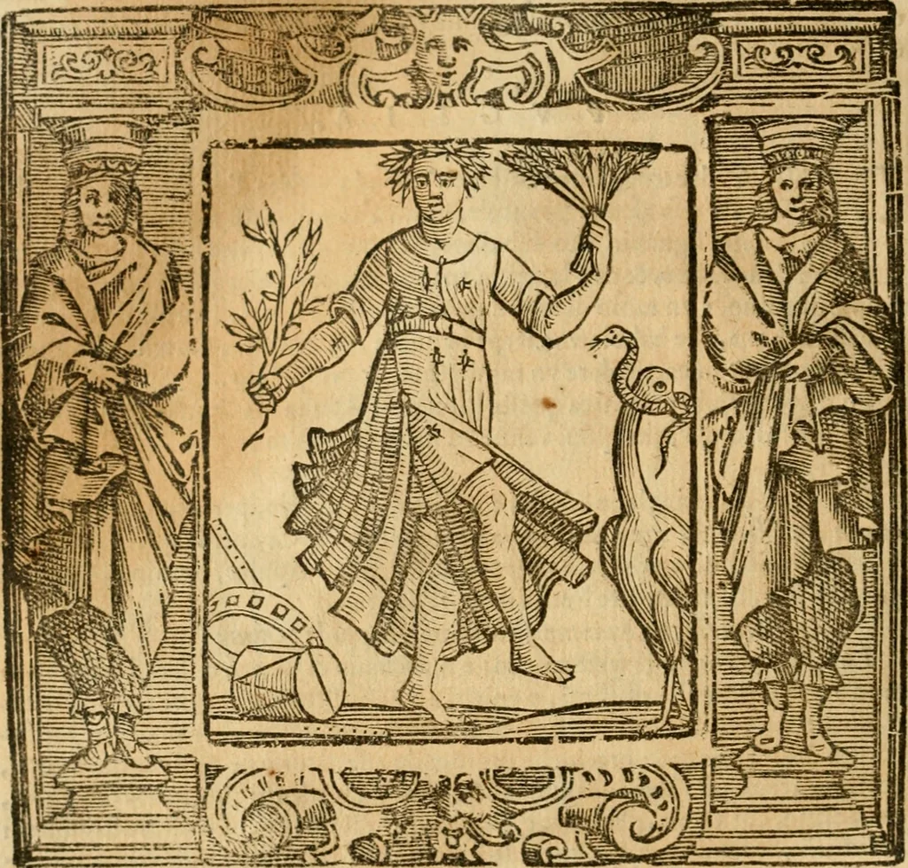 An illustration from Iconologia di Cesare Ripa perugino, cavre. de sti. Mauritio, e Lazzaro : nella quale si descriuono diuerse imagini di virtù, vitij, affetti, passioni humane, arti, discipline, humori, elementi, corpi celesti, prouincie d'Italia, fiumi, tutte le parti del mondo, ed altere infinite materie : opera vtile ad oratori, predicatori, poeti, pittori, scultori, disegnatori, e ad ogni studioso .., 1613, leaf 393