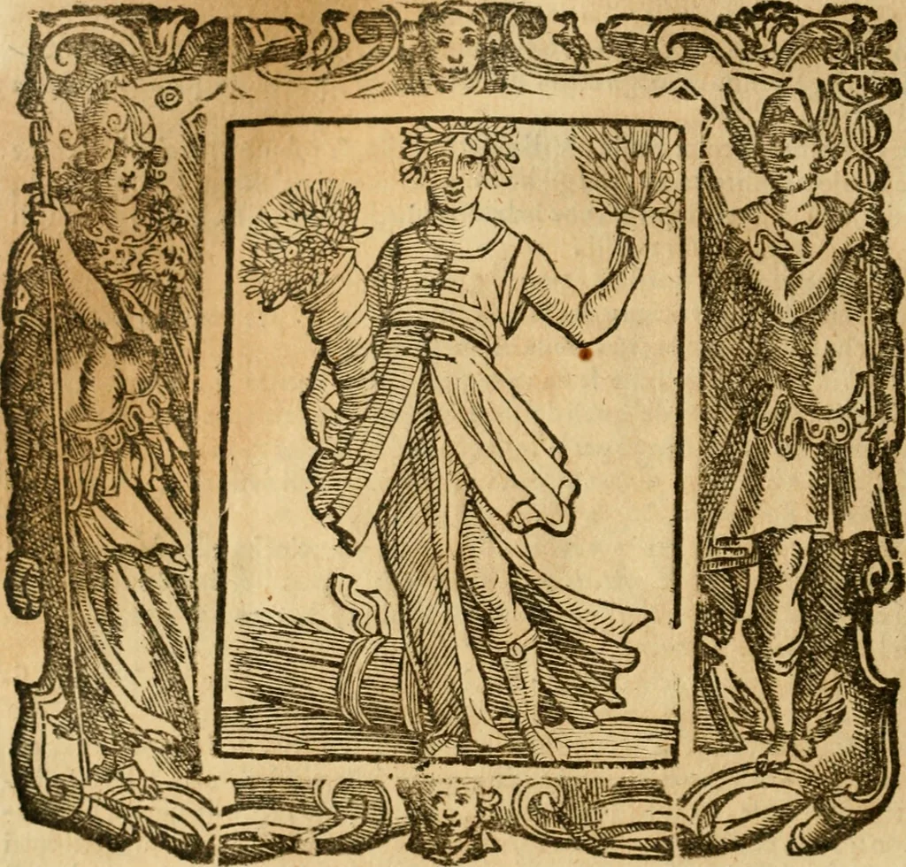 An illustration from Iconologia di Cesare Ripa perugino, cavre. de sti. Mauritio, e Lazzaro : nella quale si descriuono diuerse imagini di virtù, vitij, affetti, passioni humane, arti, discipline, humori, elementi, corpi celesti, prouincie d'Italia, fiumi, tutte le parti del mondo, ed altere infinite materie : opera vtile ad oratori, predicatori, poeti, pittori, scultori, disegnatori, e ad ogni studioso .., 1613, leaf 395
