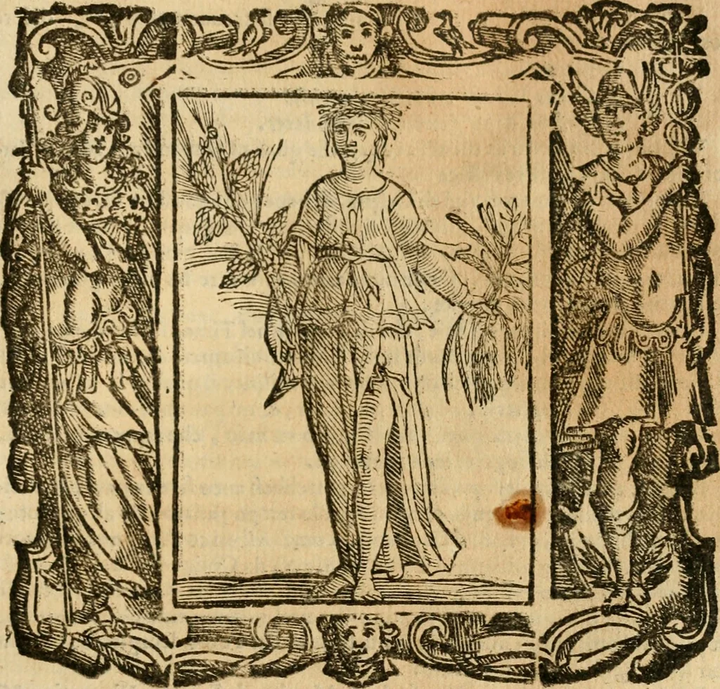 An illustration from Iconologia di Cesare Ripa perugino, cavre. de sti. Mauritio, e Lazzaro : nella quale si descriuono diuerse imagini di virtù, vitij, affetti, passioni humane, arti, discipline, humori, elementi, corpi celesti, prouincie d'Italia, fiumi, tutte le parti del mondo, ed altere infinite materie : opera vtile ad oratori, predicatori, poeti, pittori, scultori, disegnatori, e ad ogni studioso .., 1613, leaf 398