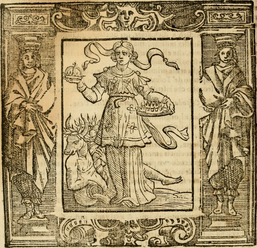 An illustration from Iconologia di Cesare Ripa perugino, cavre. de sti. Mauritio, e Lazzaro : nella quale si descriuono diuerse imagini di virtù, vitij, affetti, passioni humane, arti, discipline, humori, elementi, corpi celesti, prouincie d'Italia, fiumi, tutte le parti del mondo, ed altere infinite materie : opera vtile ad oratori, predicatori, poeti, pittori, scultori, disegnatori, e ad ogni studioso .., 1613, leaf 401
