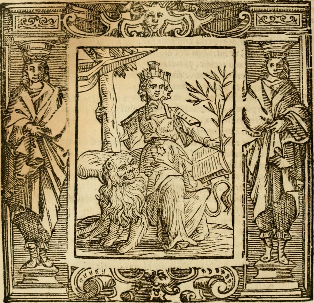 An illustration from Iconologia di Cesare Ripa perugino, cavre. de sti. Mauritio, e Lazzaro : nella quale si descriuono diuerse imagini di virtù, vitij, affetti, passioni humane, arti, discipline, humori, elementi, corpi celesti, prouincie d'Italia, fiumi, tutte le parti del mondo, ed altere infinite materie : opera vtile ad oratori, predicatori, poeti, pittori, scultori, disegnatori, e ad ogni studioso .., 1613, leaf 403