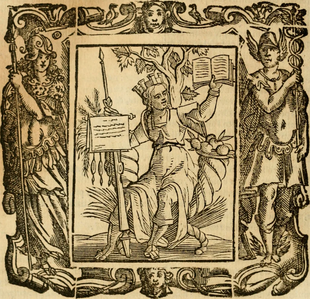 An illustration from Iconologia di Cesare Ripa perugino, cavre. de sti. Mauritio, e Lazzaro : nella quale si descriuono diuerse imagini di virtù, vitij, affetti, passioni humane, arti, discipline, humori, elementi, corpi celesti, prouincie d'Italia, fiumi, tutte le parti del mondo, ed altere infinite materie : opera vtile ad oratori, predicatori, poeti, pittori, scultori, disegnatori, e ad ogni studioso .., 1613, leaf 407