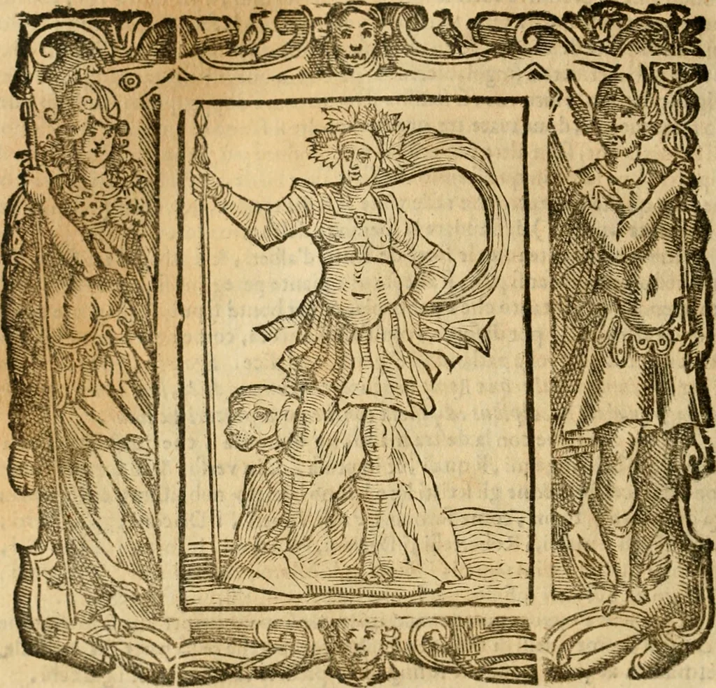 An illustration from Iconologia di Cesare Ripa perugino, cavre. de sti. Mauritio, e Lazzaro : nella quale si descriuono diuerse imagini di virtù, vitij, affetti, passioni humane, arti, discipline, humori, elementi, corpi celesti, prouincie d'Italia, fiumi, tutte le parti del mondo, ed altere infinite materie : opera vtile ad oratori, predicatori, poeti, pittori, scultori, disegnatori, e ad ogni studioso .., 1613, leaf 409