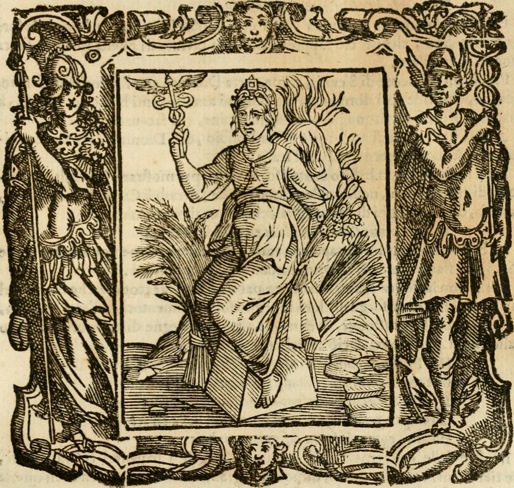An illustration from Iconologia di Cesare Ripa perugino, cavre. de sti. Mauritio, e Lazzaro : nella quale si descriuono diuerse imagini di virtù, vitij, affetti, passioni humane, arti, discipline, humori, elementi, corpi celesti, prouincie d'Italia, fiumi, tutte le parti del mondo, ed altere infinite materie : opera vtile ad oratori, predicatori, poeti, pittori, scultori, disegnatori, e ad ogni studioso .., 1613, leaf 412