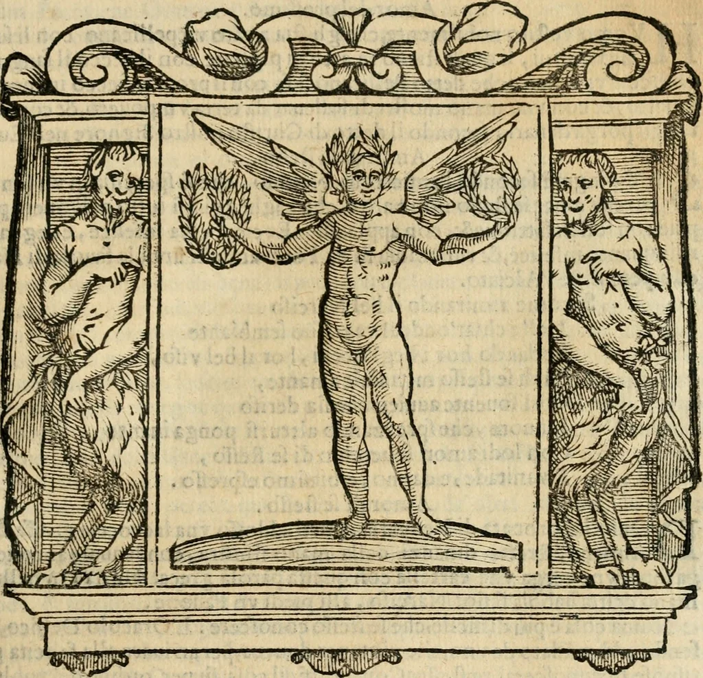 An illustration from Iconologia di Cesare Ripa perugino, cavre. de sti. Mauritio, e Lazzaro : nella quale si descriuono diuerse imagini di virtù, vitij, affetti, passioni humane, arti, discipline, humori, elementi, corpi celesti, prouincie d'Italia, fiumi, tutte le parti del mondo, ed altere infinite materie : opera vtile ad oratori, predicatori, poeti, pittori, scultori, disegnatori, e ad ogni studioso .., 1613, leaf 42
