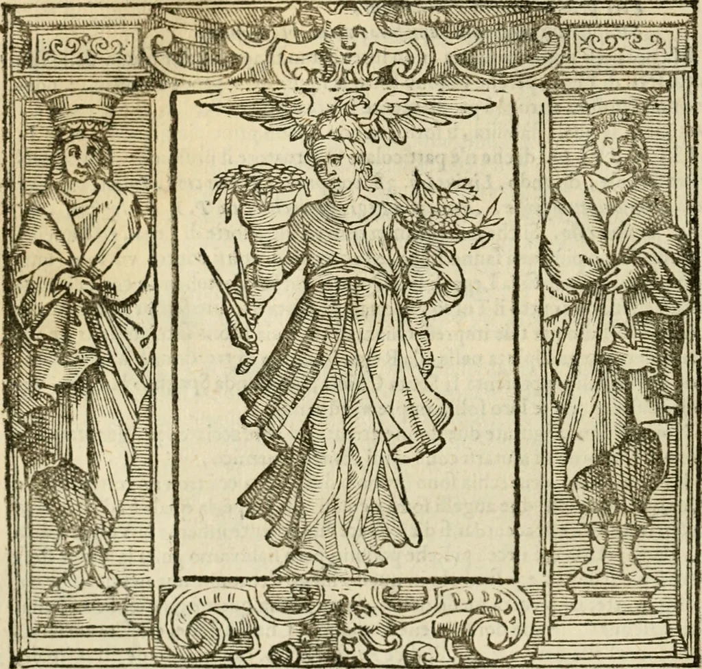 An illustration from Iconologia di Cesare Ripa perugino, cavre. de sti. Mauritio, e Lazzaro : nella quale si descriuono diuerse imagini di virtù, vitij, affetti, passioni humane, arti, discipline, humori, elementi, corpi celesti, prouincie d'Italia, fiumi, tutte le parti del mondo, ed altere infinite materie : opera vtile ad oratori, predicatori, poeti, pittori, scultori, disegnatori, e ad ogni studioso .., 1613, leaf 421