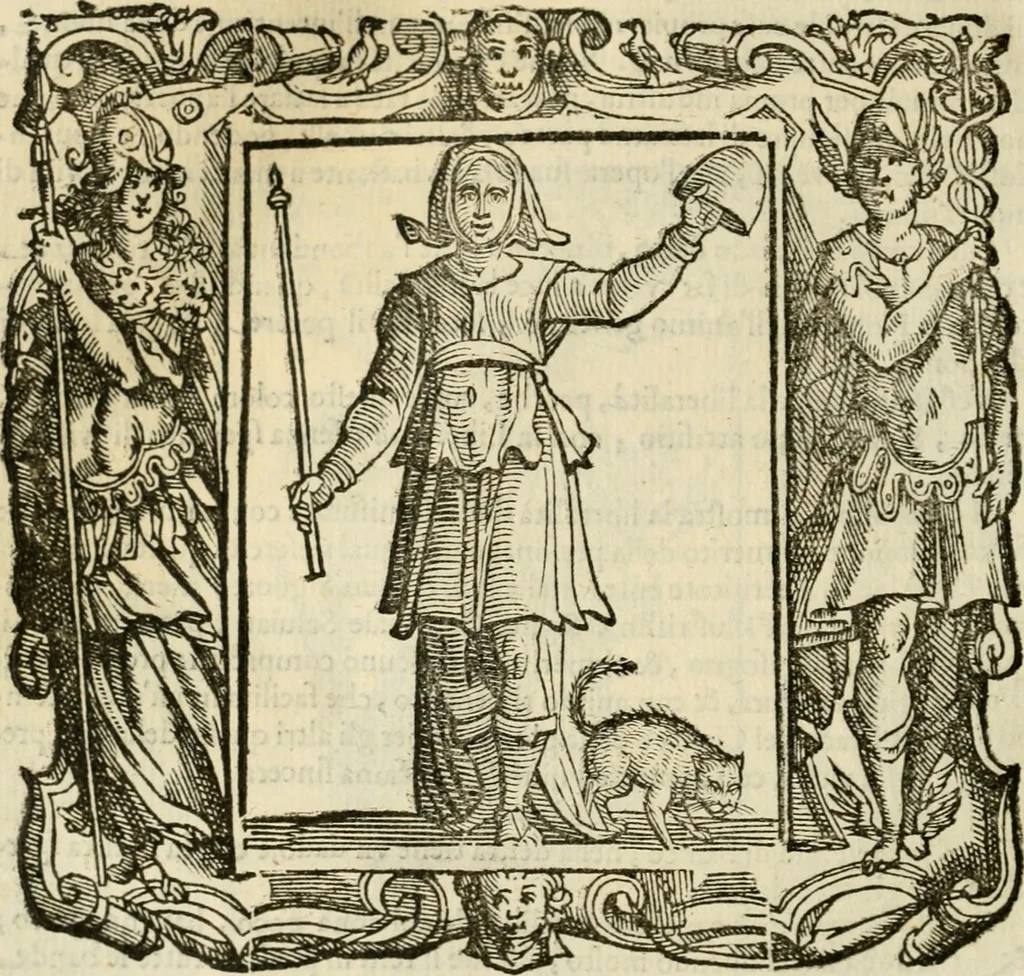An illustration from Iconologia di Cesare Ripa perugino, cavre. de sti. Mauritio, e Lazzaro : nella quale si descriuono diuerse imagini di virtù, vitij, affetti, passioni humane, arti, discipline, humori, elementi, corpi celesti, prouincie d'Italia, fiumi, tutte le parti del mondo, ed altere infinite materie : opera vtile ad oratori, predicatori, poeti, pittori, scultori, disegnatori, e ad ogni studioso .., 1613, leaf 423