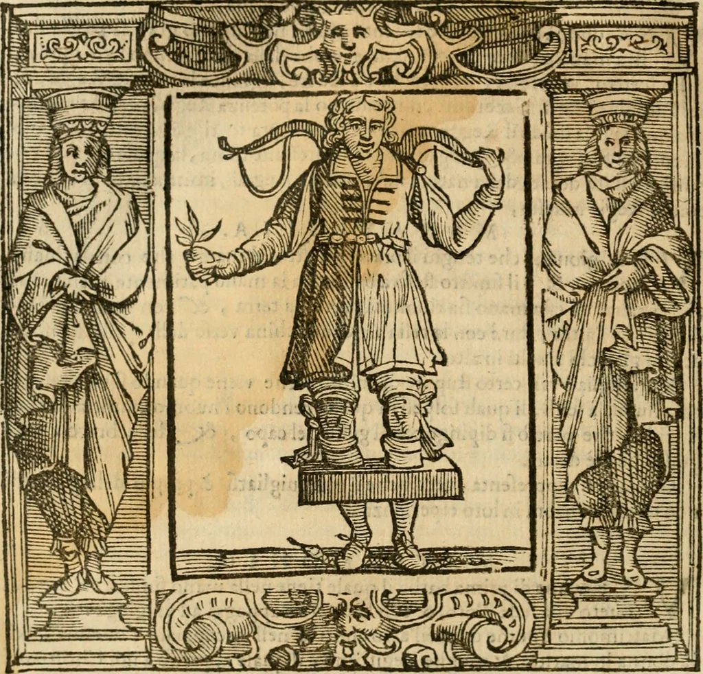 An illustration from Iconologia di Cesare Ripa perugino, cavre. de sti. Mauritio, e Lazzaro : nella quale si descriuono diuerse imagini di virtù, vitij, affetti, passioni humane, arti, discipline, humori, elementi, corpi celesti, prouincie d'Italia, fiumi, tutte le parti del mondo, ed altere infinite materie : opera vtile ad oratori, predicatori, poeti, pittori, scultori, disegnatori, e ad ogni studioso .., 1613, leaf 437