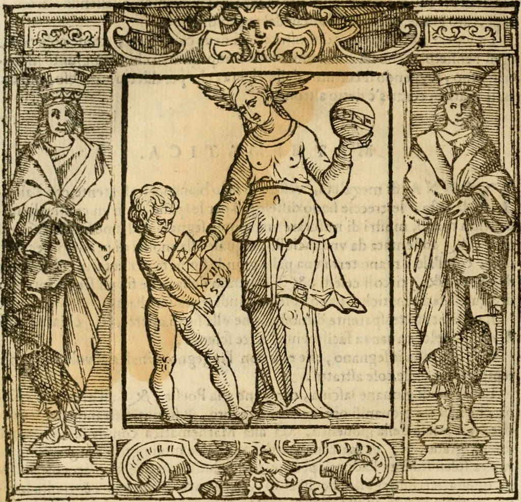 An illustration from Iconologia di Cesare Ripa perugino, cavre. de sti. Mauritio, e Lazzaro : nella quale si descriuono diuerse imagini di virtù, vitij, affetti, passioni humane, arti, discipline, humori, elementi, corpi celesti, prouincie d'Italia, fiumi, tutte le parti del mondo, ed altere infinite materie : opera vtile ad oratori, predicatori, poeti, pittori, scultori, disegnatori, e ad ogni studioso .., 1613, leaf 439