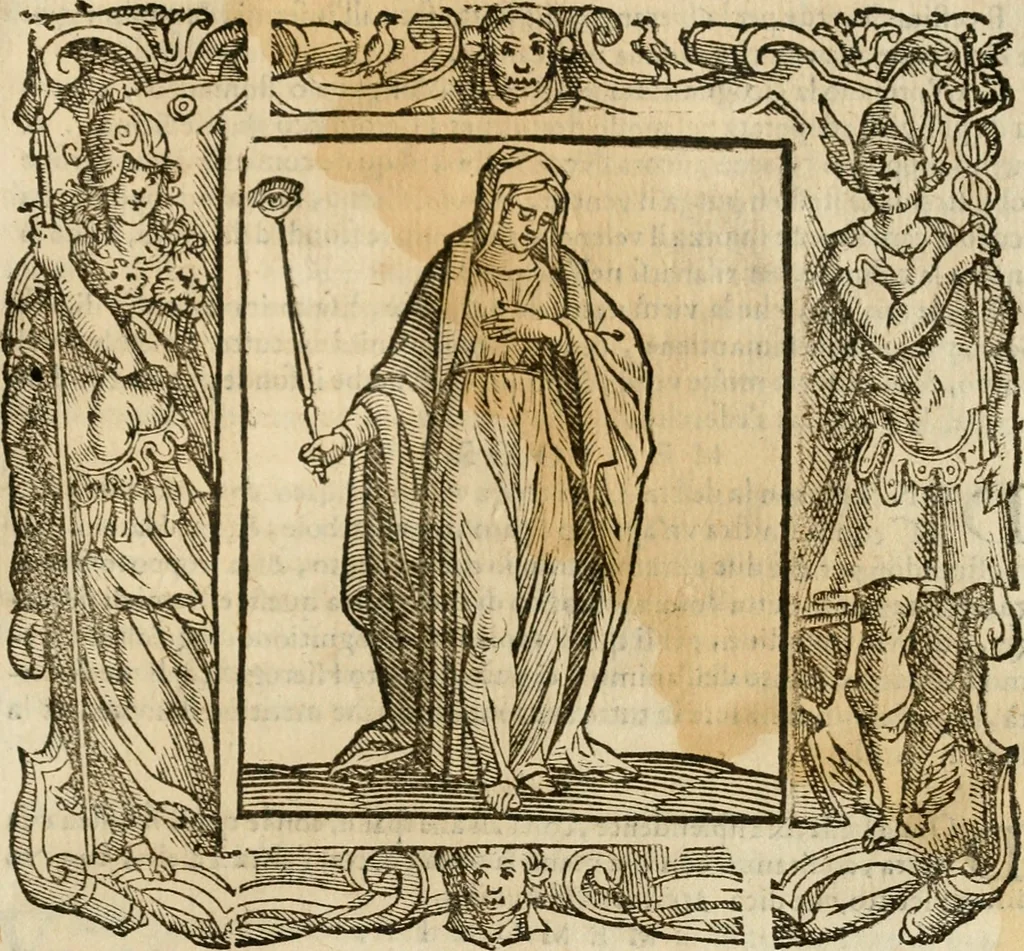 An illustration from Iconologia di Cesare Ripa perugino, cavre. de sti. Mauritio, e Lazzaro : nella quale si descriuono diuerse imagini di virtù, vitij, affetti, passioni humane, arti, discipline, humori, elementi, corpi celesti, prouincie d'Italia, fiumi, tutte le parti del mondo, ed altere infinite materie : opera vtile ad oratori, predicatori, poeti, pittori, scultori, disegnatori, e ad ogni studioso .., 1613, leaf 442