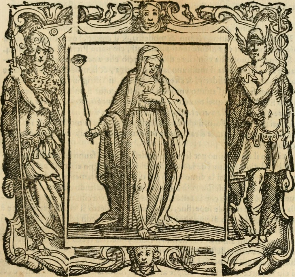 An illustration from Iconologia di Cesare Ripa perugino, cavre. de sti. Mauritio, e Lazzaro : nella quale si descriuono diuerse imagini di virtù, vitij, affetti, passioni humane, arti, discipline, humori, elementi, corpi celesti, prouincie d'Italia, fiumi, tutte le parti del mondo, ed altere infinite materie : opera vtile ad oratori, predicatori, poeti, pittori, scultori, disegnatori, e ad ogni studioso .., 1613, leaf 474