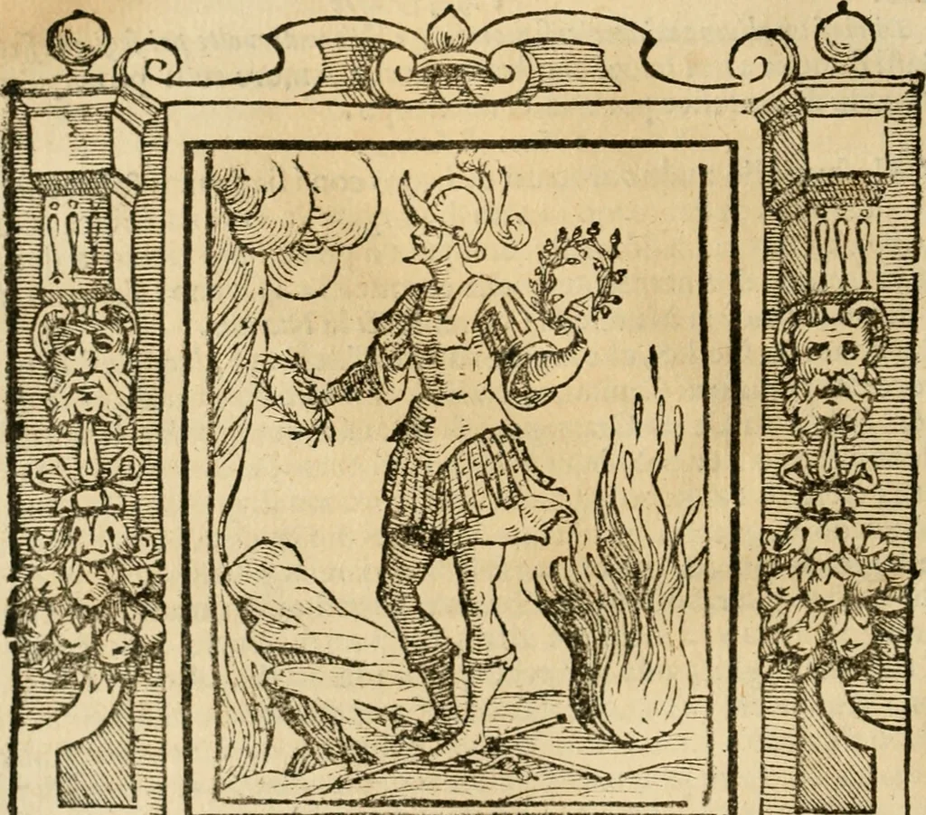 An illustration from Iconologia di Cesare Ripa perugino, cavre. de sti. Mauritio, e Lazzaro : nella quale si descriuono diuerse imagini di virtù, vitij, affetti, passioni humane, arti, discipline, humori, elementi, corpi celesti, prouincie d'Italia, fiumi, tutte le parti del mondo, ed altere infinite materie : opera vtile ad oratori, predicatori, poeti, pittori, scultori, disegnatori, e ad ogni studioso .., 1613, leaf 51