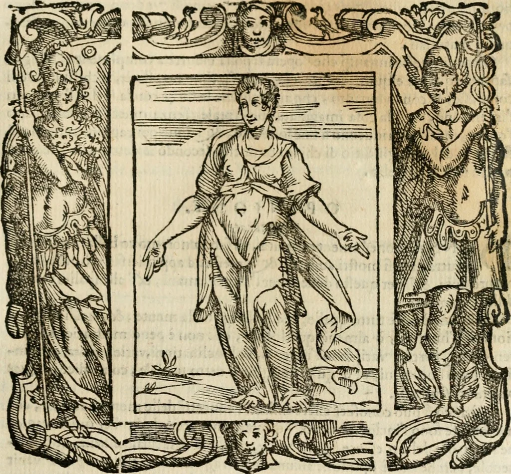 An illustration from Iconologia di Cesare Ripa perugino, cavre. de sti. Mauritio, e Lazzaro : nella quale si descriuono diuerse imagini di virtù, vitij, affetti, passioni humane, arti, discipline, humori, elementi, corpi celesti, prouincie d'Italia, fiumi, tutte le parti del mondo, ed altere infinite materie : opera vtile ad oratori, predicatori, poeti, pittori, scultori, disegnatori, e ad ogni studioso .., 1613, leaf 522