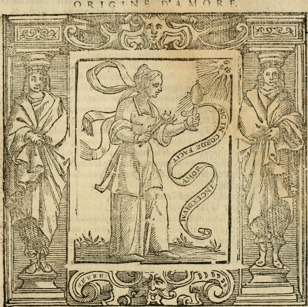 An illustration from Iconologia di Cesare Ripa perugino, cavre. de sti. Mauritio, e Lazzaro : nella quale si descriuono diuerse imagini di virtù, vitij, affetti, passioni humane, arti, discipline, humori, elementi, corpi celesti, prouincie d'Italia, fiumi, tutte le parti del mondo, ed altere infinite materie : opera vtile ad oratori, predicatori, poeti, pittori, scultori, disegnatori, e ad ogni studioso .., 1613, leaf 528