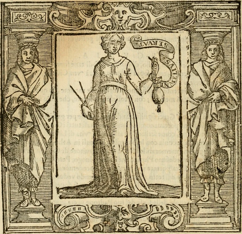 An illustration from Iconologia di Cesare Ripa perugino, cavre. de sti. Mauritio, e Lazzaro : nella quale si descriuono diuerse imagini di virtù, vitij, affetti, passioni humane, arti, discipline, humori, elementi, corpi celesti, prouincie d'Italia, fiumi, tutte le parti del mondo, ed altere infinite materie : opera vtile ad oratori, predicatori, poeti, pittori, scultori, disegnatori, e ad ogni studioso .., 1613, leaf 549