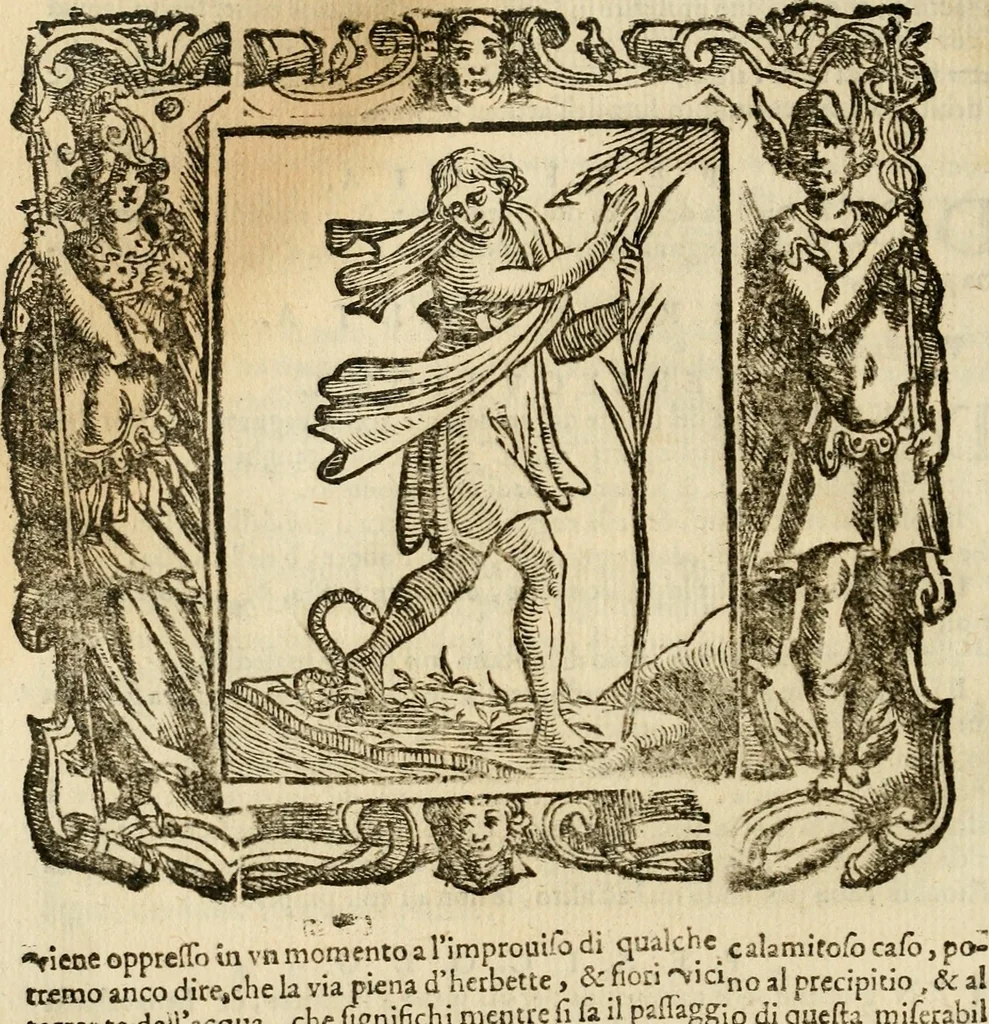 An illustration from Iconologia di Cesare Ripa perugino, cavre. de sti. Mauritio, e Lazzaro : nella quale si descriuono diuerse imagini di virtù, vitij, affetti, passioni humane, arti, discipline, humori, elementi, corpi celesti, prouincie d'Italia, fiumi, tutte le parti del mondo, ed altere infinite materie : opera vtile ad oratori, predicatori, poeti, pittori, scultori, disegnatori, e ad ogni studioso .., 1613, leaf 557