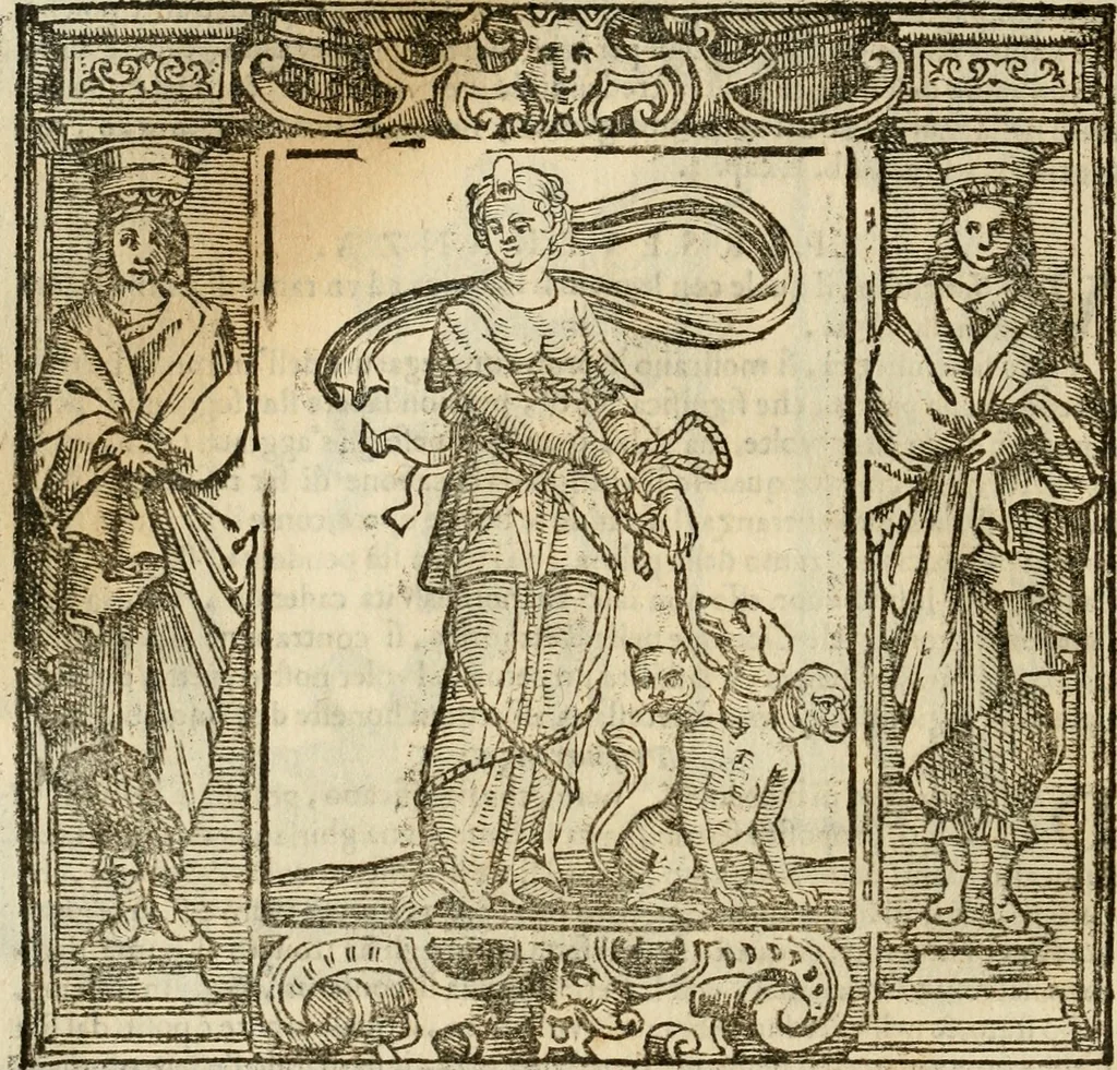 An illustration from Iconologia di Cesare Ripa perugino, cavre. de sti. Mauritio, e Lazzaro : nella quale si descriuono diuerse imagini di virtù, vitij, affetti, passioni humane, arti, discipline, humori, elementi, corpi celesti, prouincie d'Italia, fiumi, tutte le parti del mondo, ed altere infinite materie : opera vtile ad oratori, predicatori, poeti, pittori, scultori, disegnatori, e ad ogni studioso .., 1613, leaf 559