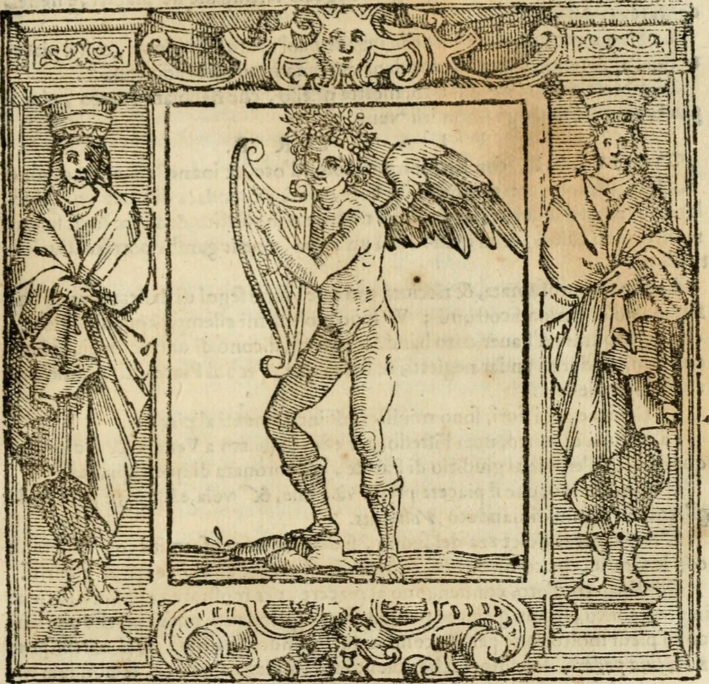 An illustration from Iconologia di Cesare Ripa perugino, cavre. de sti. Mauritio, e Lazzaro : nella quale si descriuono diuerse imagini di virtù, vitij, affetti, passioni humane, arti, discipline, humori, elementi, corpi celesti, prouincie d'Italia, fiumi, tutte le parti del mondo, ed altere infinite materie : opera vtile ad oratori, predicatori, poeti, pittori, scultori, disegnatori, e ad ogni studioso .., 1613, leaf 562