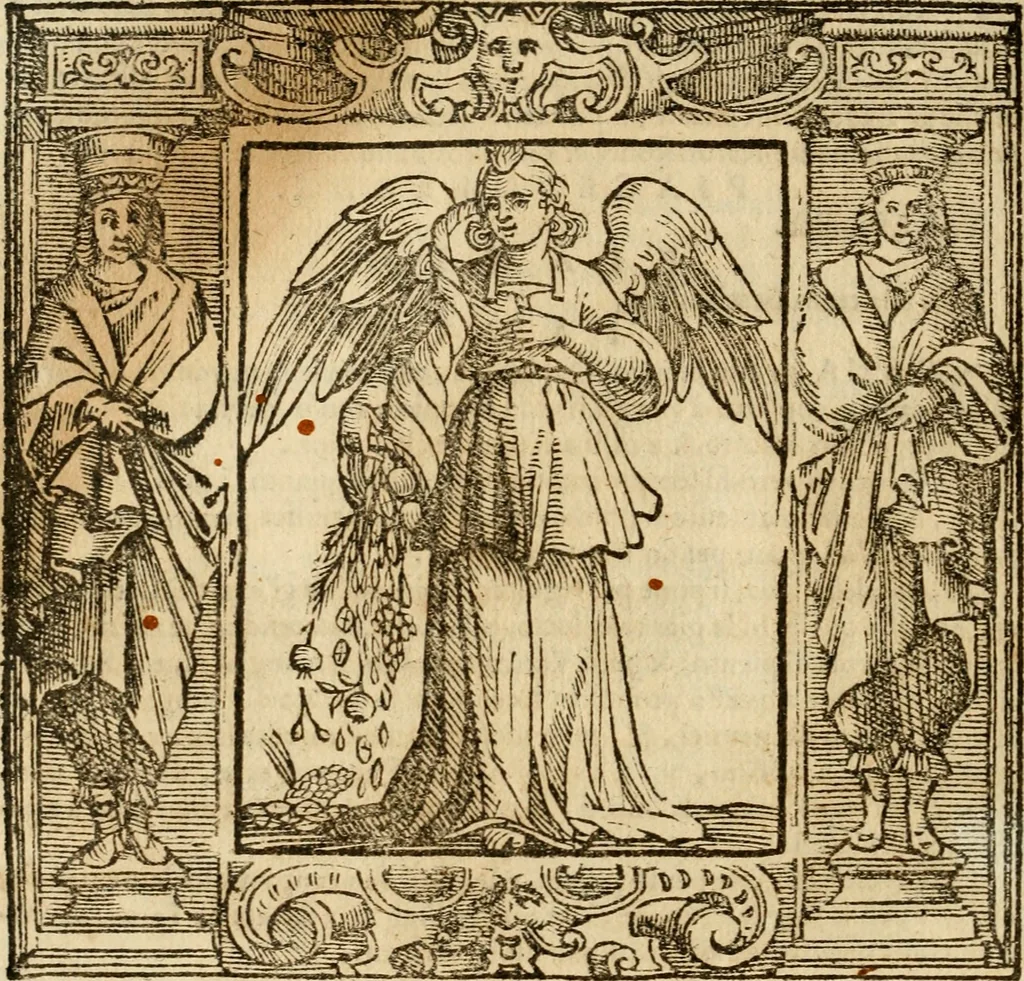 An illustration from Iconologia di Cesare Ripa perugino, cavre. de sti. Mauritio, e Lazzaro : nella quale si descriuono diuerse imagini di virtù, vitij, affetti, passioni humane, arti, discipline, humori, elementi, corpi celesti, prouincie d'Italia, fiumi, tutte le parti del mondo, ed altere infinite materie : opera vtile ad oratori, predicatori, poeti, pittori, scultori, disegnatori, e ad ogni studioso .., 1613, leaf 565