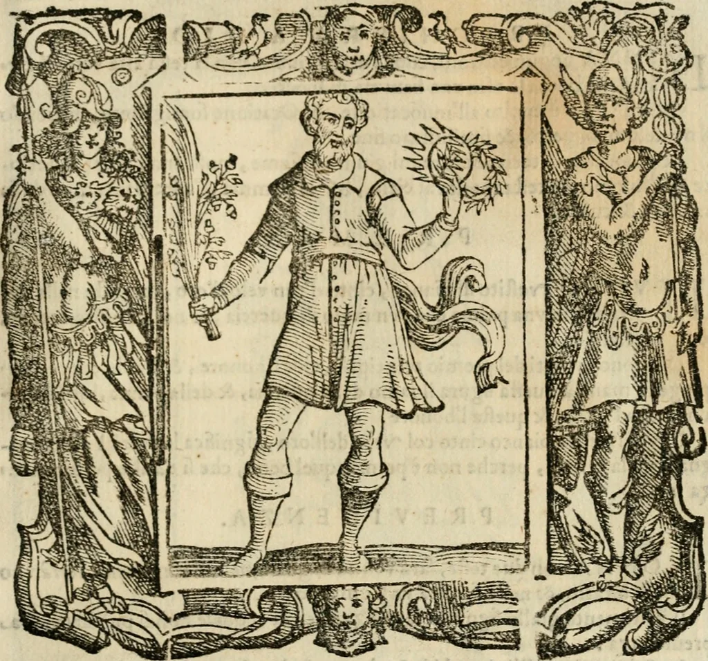 An illustration from Iconologia di Cesare Ripa perugino, cavre. de sti. Mauritio, e Lazzaro : nella quale si descriuono diuerse imagini di virtù, vitij, affetti, passioni humane, arti, discipline, humori, elementi, corpi celesti, prouincie d'Italia, fiumi, tutte le parti del mondo, ed altere infinite materie : opera vtile ad oratori, predicatori, poeti, pittori, scultori, disegnatori, e ad ogni studioso .., 1613, leaf 576