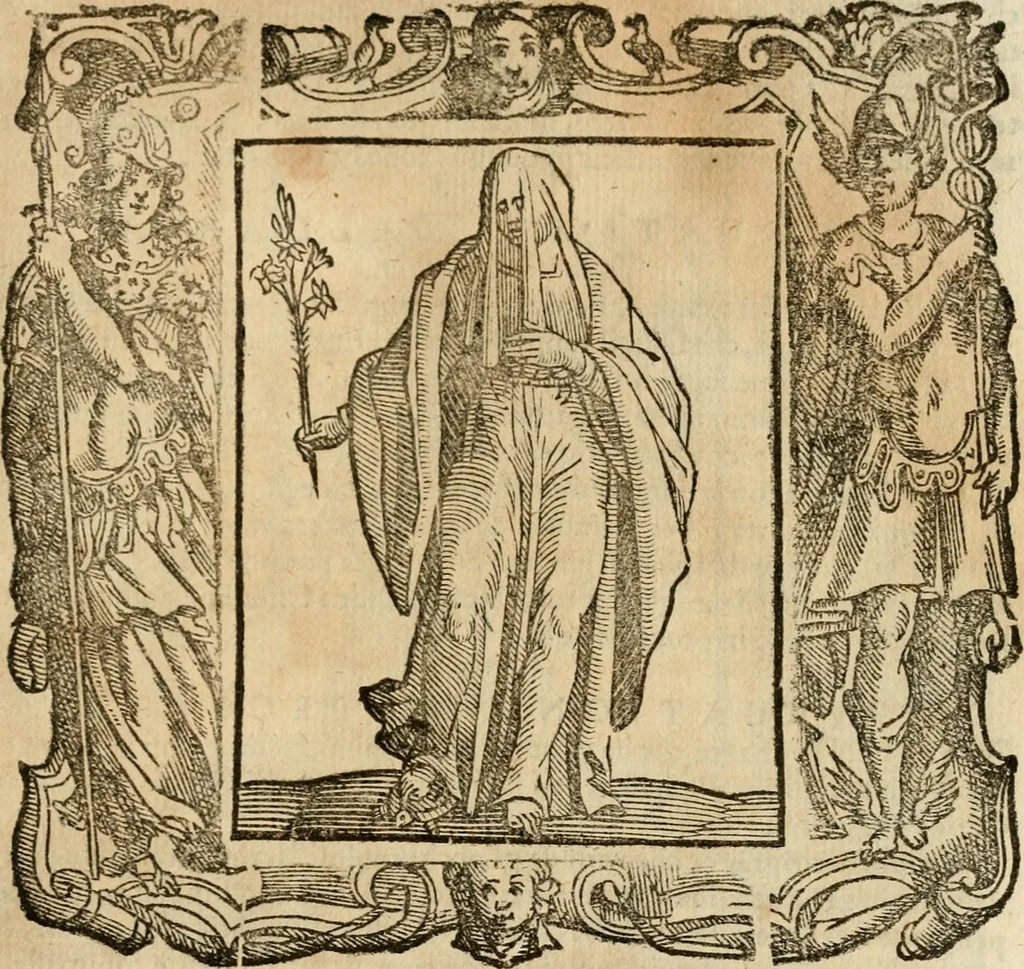 An illustration from Iconologia di Cesare Ripa perugino, cavre. de sti. Mauritio, e Lazzaro : nella quale si descriuono diuerse imagini di virtù, vitij, affetti, passioni humane, arti, discipline, humori, elementi, corpi celesti, prouincie d'Italia, fiumi, tutte le parti del mondo, ed altere infinite materie : opera vtile ad oratori, predicatori, poeti, pittori, scultori, disegnatori, e ad ogni studioso .., 1613, leaf 586