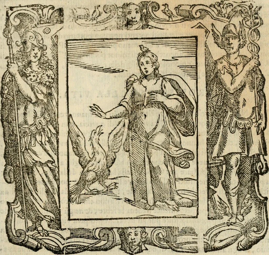An illustration from Iconologia di Cesare Ripa perugino, cavre. de sti. Mauritio, e Lazzaro : nella quale si descriuono diuerse imagini di virtù, vitij, affetti, passioni humane, arti, discipline, humori, elementi, corpi celesti, prouincie d'Italia, fiumi, tutte le parti del mondo, ed altere infinite materie : opera vtile ad oratori, predicatori, poeti, pittori, scultori, disegnatori, e ad ogni studioso .., 1613, leaf 590