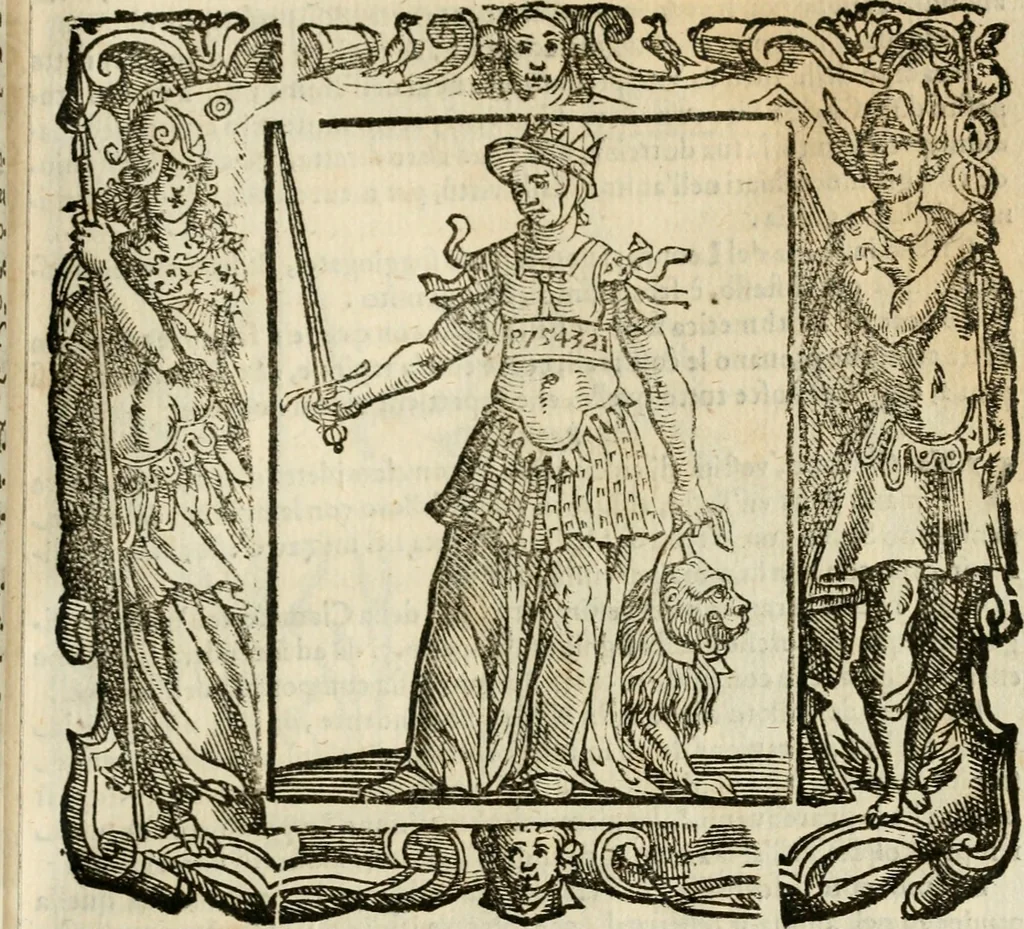 An illustration from Iconologia di Cesare Ripa perugino, cavre. de sti. Mauritio, e Lazzaro : nella quale si descriuono diuerse imagini di virtù, vitij, affetti, passioni humane, arti, discipline, humori, elementi, corpi celesti, prouincie d'Italia, fiumi, tutte le parti del mondo, ed altere infinite materie : opera vtile ad oratori, predicatori, poeti, pittori, scultori, disegnatori, e ad ogni studioso .., 1613, leaf 596