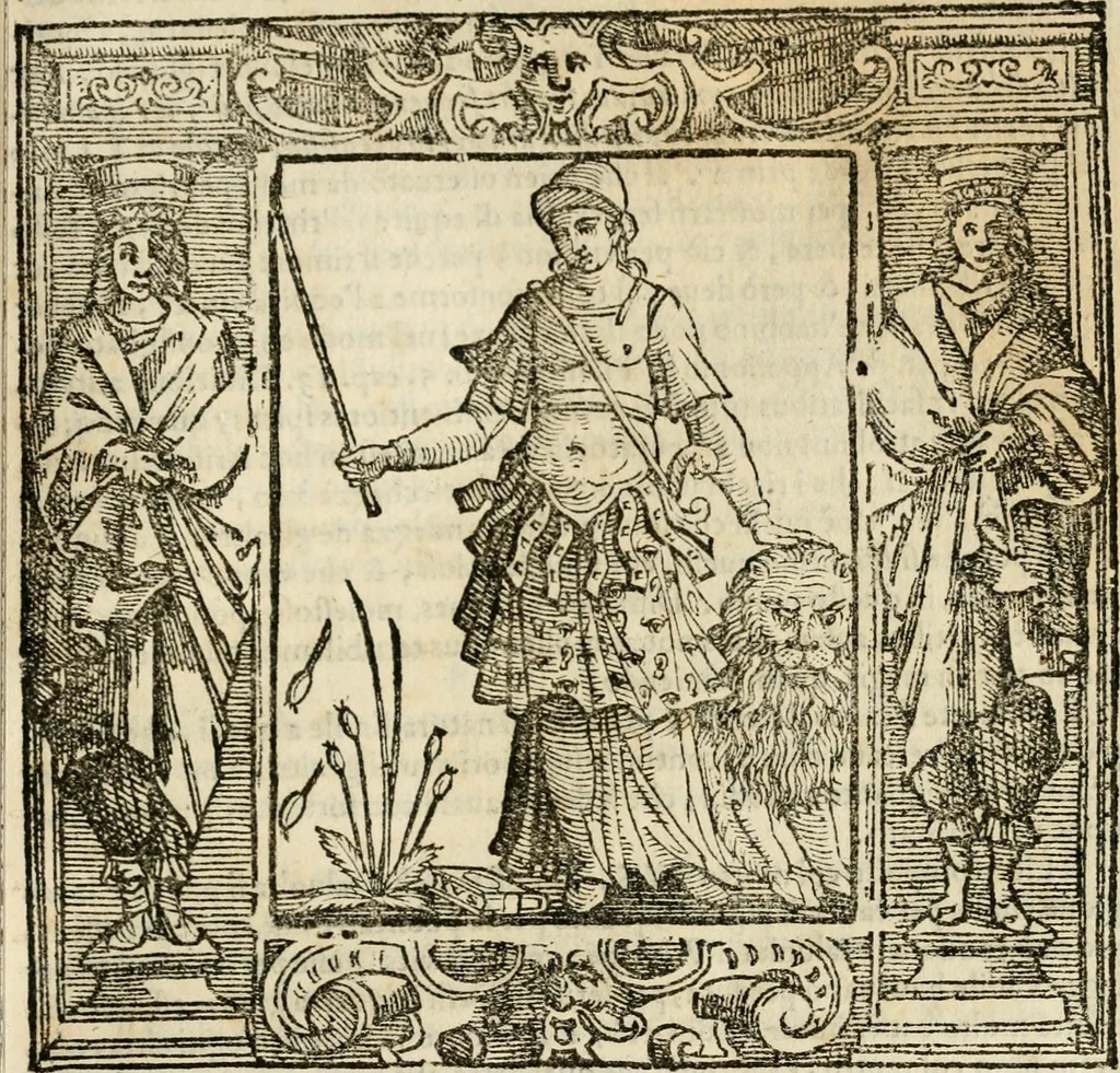 An illustration from Iconologia di Cesare Ripa perugino, cavre. de sti. Mauritio, e Lazzaro : nella quale si descriuono diuerse imagini di virtù, vitij, affetti, passioni humane, arti, discipline, humori, elementi, corpi celesti, prouincie d'Italia, fiumi, tutte le parti del mondo, ed altere infinite materie : opera vtile ad oratori, predicatori, poeti, pittori, scultori, disegnatori, e ad ogni studioso .., 1613, leaf 598