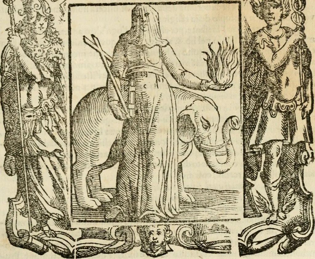 An illustration from Iconologia di Cesare Ripa perugino, cavre. de sti. Mauritio, e Lazzaro : nella quale si descriuono diuerse imagini di virtù, vitij, affetti, passioni humane, arti, discipline, humori, elementi, corpi celesti, prouincie d'Italia, fiumi, tutte le parti del mondo, ed altere infinite materie : opera vtile ad oratori, predicatori, poeti, pittori, scultori, disegnatori, e ad ogni studioso .., 1613, leaf 602