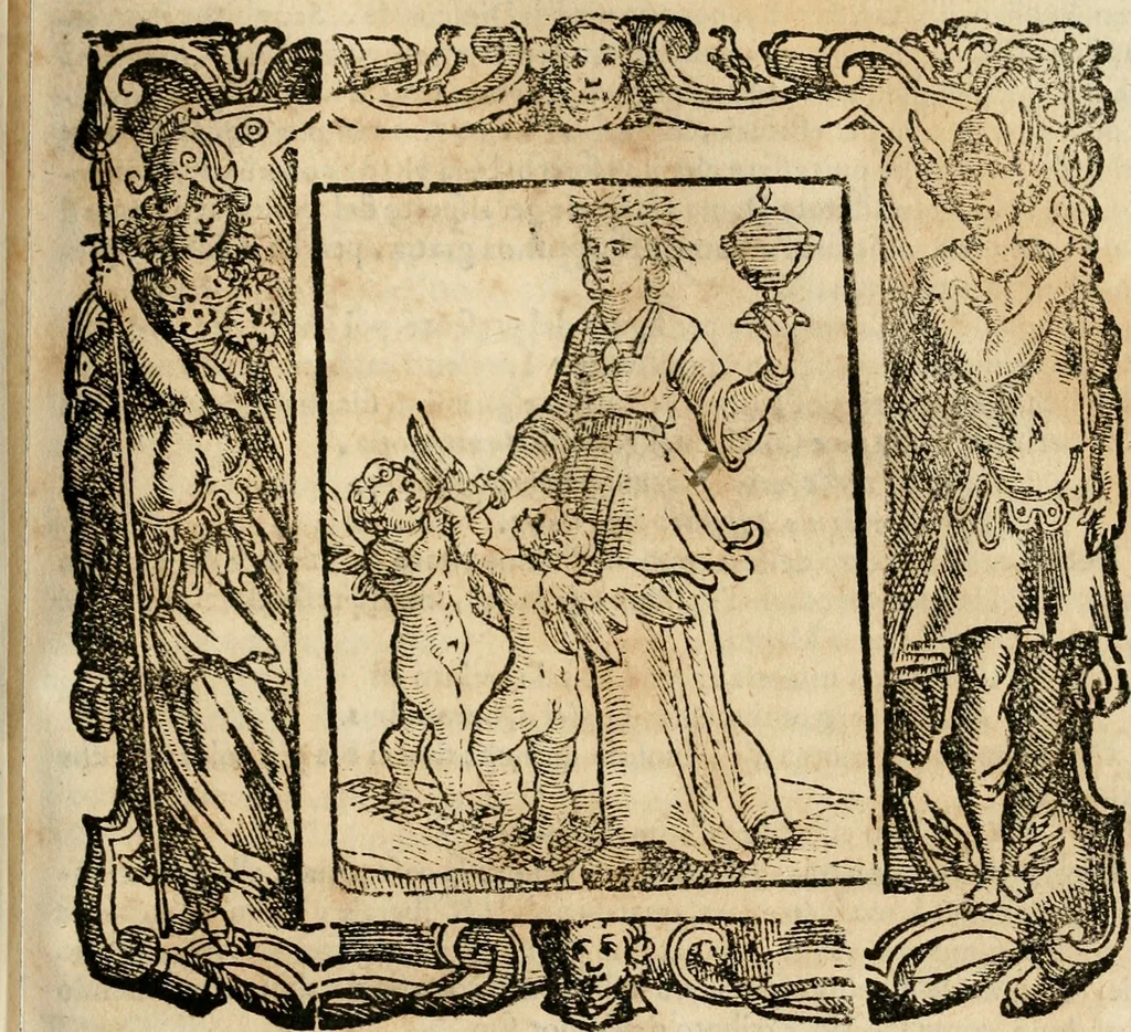 An illustration from Iconologia di Cesare Ripa perugino, cavre. de sti. Mauritio, e Lazzaro : nella quale si descriuono diuerse imagini di virtù, vitij, affetti, passioni humane, arti, discipline, humori, elementi, corpi celesti, prouincie d'Italia, fiumi, tutte le parti del mondo, ed altere infinite materie : opera vtile ad oratori, predicatori, poeti, pittori, scultori, disegnatori, e ad ogni studioso .., 1613, leaf 608