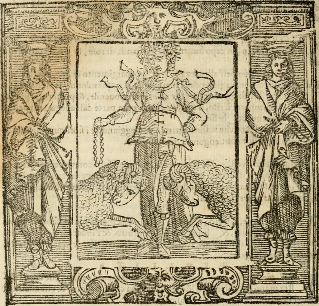 An illustration from Iconologia di Cesare Ripa perugino, cavre. de sti. Mauritio, e Lazzaro : nella quale si descriuono diuerse imagini di virtù, vitij, affetti, passioni humane, arti, discipline, humori, elementi, corpi celesti, prouincie d'Italia, fiumi, tutte le parti del mondo, ed altere infinite materie : opera vtile ad oratori, predicatori, poeti, pittori, scultori, disegnatori, e ad ogni studioso .., 1613, leaf 615