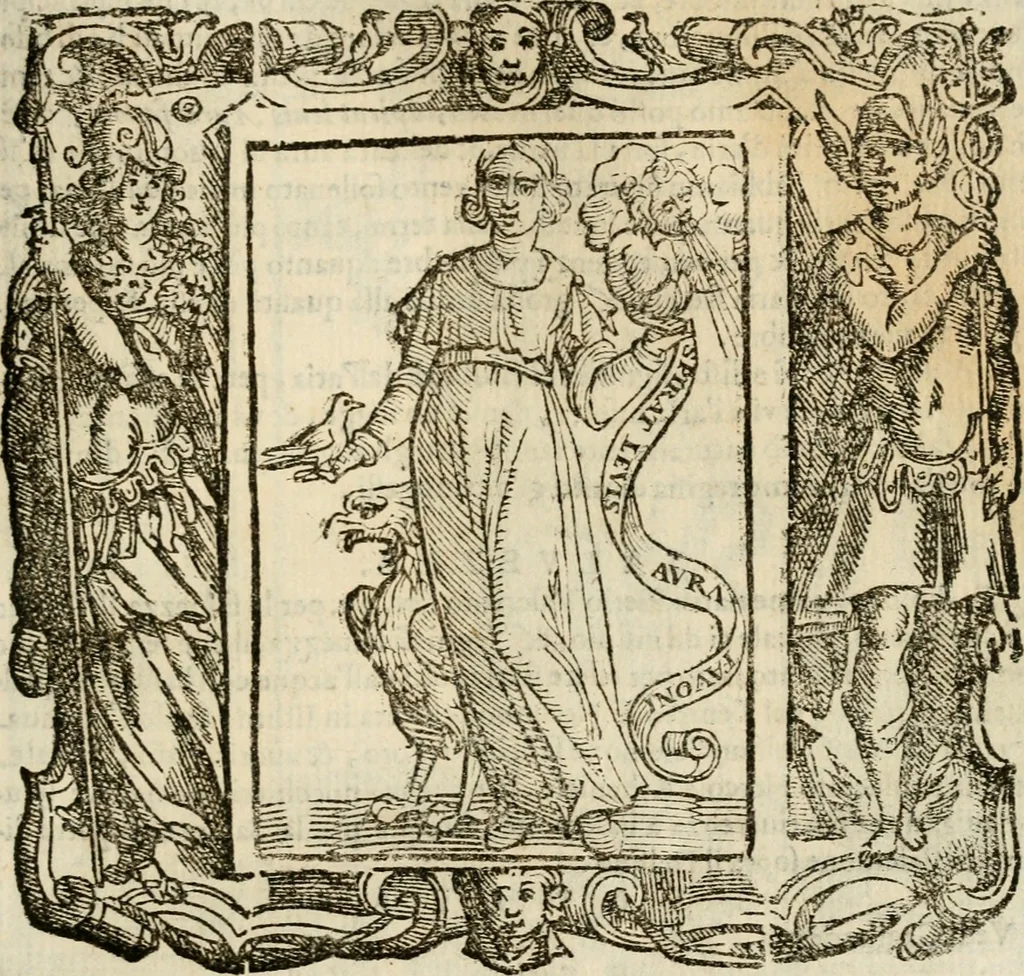 An illustration from Iconologia di Cesare Ripa perugino, cavre. de sti. Mauritio, e Lazzaro : nella quale si descriuono diuerse imagini di virtù, vitij, affetti, passioni humane, arti, discipline, humori, elementi, corpi celesti, prouincie d'Italia, fiumi, tutte le parti del mondo, ed altere infinite materie : opera vtile ad oratori, predicatori, poeti, pittori, scultori, disegnatori, e ad ogni studioso .., 1613, leaf 618