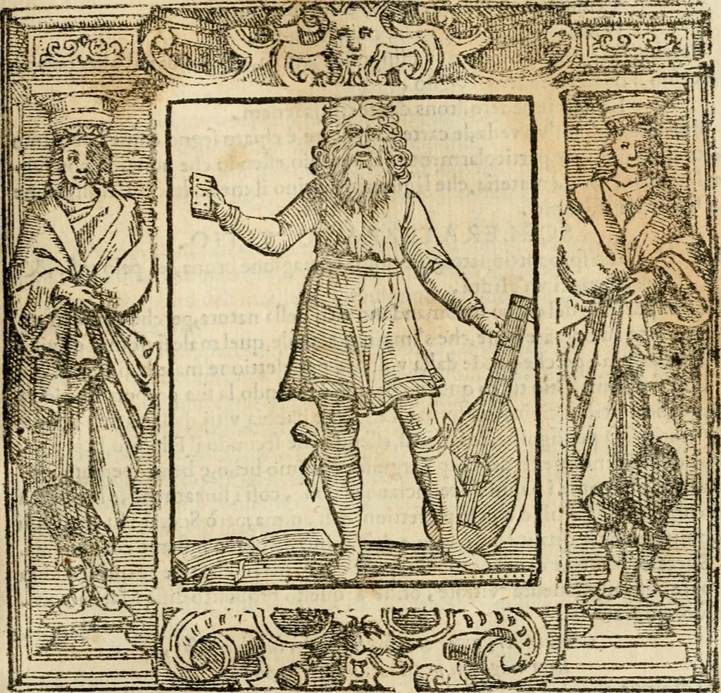 An illustration from Iconologia di Cesare Ripa perugino, cavre. de sti. Mauritio, e Lazzaro : nella quale si descriuono diuerse imagini di virtù, vitij, affetti, passioni humane, arti, discipline, humori, elementi, corpi celesti, prouincie d'Italia, fiumi, tutte le parti del mondo, ed altere infinite materie : opera vtile ad oratori, predicatori, poeti, pittori, scultori, disegnatori, e ad ogni studioso .., 1613, leaf 628