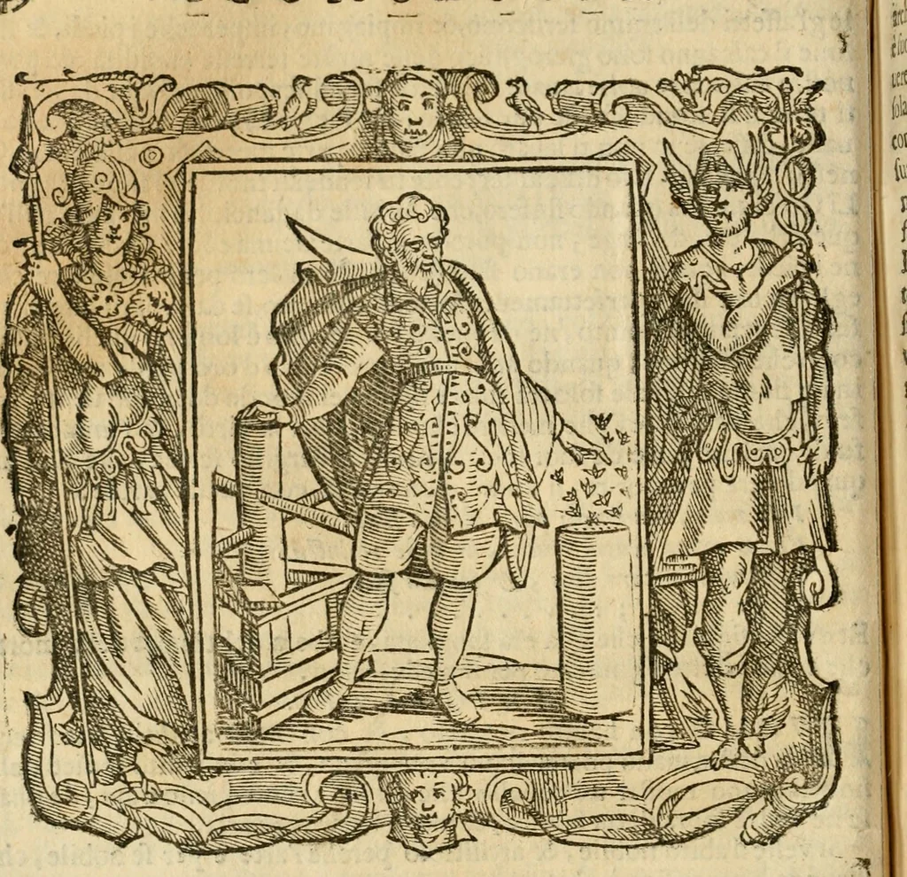 An illustration from Iconologia di Cesare Ripa perugino, cavre. de sti. Mauritio, e Lazzaro : nella quale si descriuono diuerse imagini di virtù, vitij, affetti, passioni humane, arti, discipline, humori, elementi, corpi celesti, prouincie d'Italia, fiumi, tutte le parti del mondo, ed altere infinite materie : opera vtile ad oratori, predicatori, poeti, pittori, scultori, disegnatori, e ad ogni studioso .., 1613, leaf 63