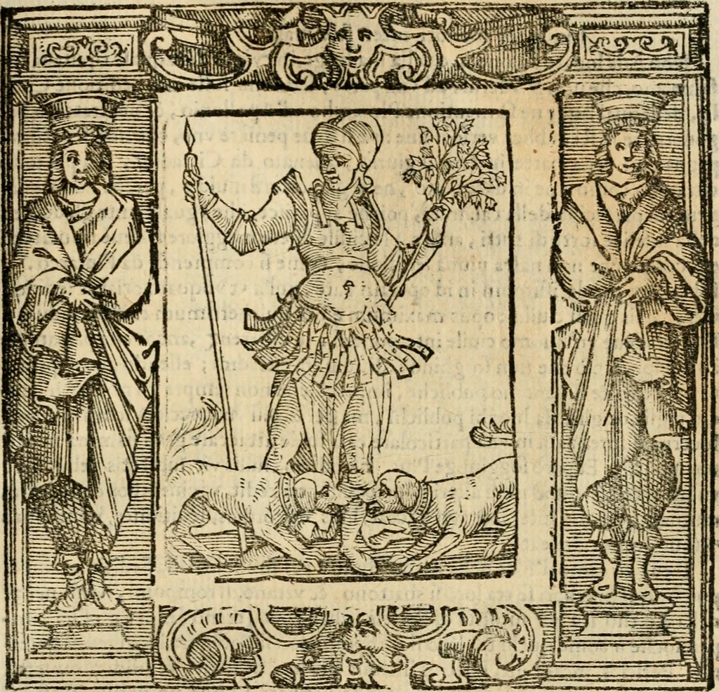 An illustration from Iconologia di Cesare Ripa perugino, cavre. de sti. Mauritio, e Lazzaro : nella quale si descriuono diuerse imagini di virtù, vitij, affetti, passioni humane, arti, discipline, humori, elementi, corpi celesti, prouincie d'Italia, fiumi, tutte le parti del mondo, ed altere infinite materie : opera vtile ad oratori, predicatori, poeti, pittori, scultori, disegnatori, e ad ogni studioso .., 1613, leaf 636
