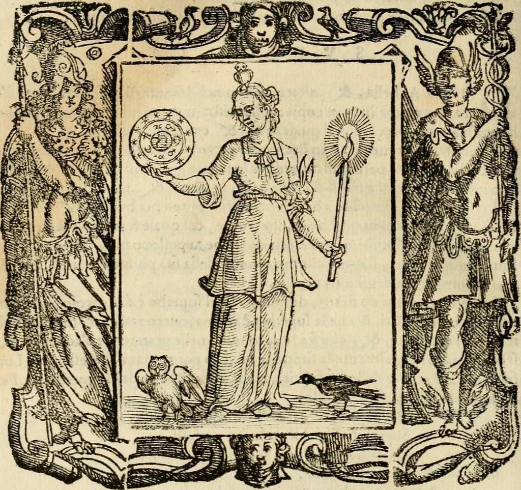 An illustration from Iconologia di Cesare Ripa perugino, cavre. de sti. Mauritio, e Lazzaro : nella quale si descriuono diuerse imagini di virtù, vitij, affetti, passioni humane, arti, discipline, humori, elementi, corpi celesti, prouincie d'Italia, fiumi, tutte le parti del mondo, ed altere infinite materie : opera vtile ad oratori, predicatori, poeti, pittori, scultori, disegnatori, e ad ogni studioso .., 1613, leaf 687
