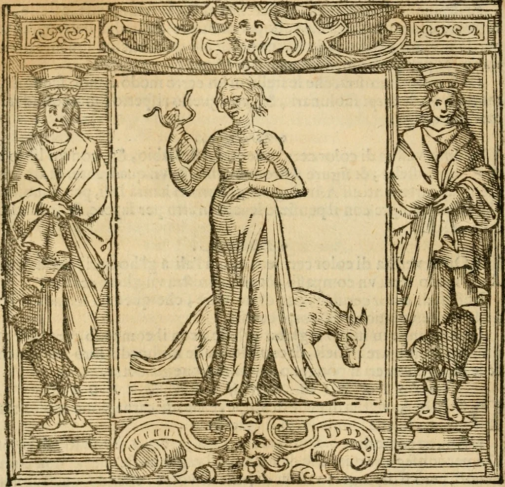 An illustration from Iconologia di Cesare Ripa perugino, cavre. de sti. Mauritio, e Lazzaro : nella quale si descriuono diuerse imagini di virtù, vitij, affetti, passioni humane, arti, discipline, humori, elementi, corpi celesti, prouincie d'Italia, fiumi, tutte le parti del mondo, ed altere infinite materie : opera vtile ad oratori, predicatori, poeti, pittori, scultori, disegnatori, e ad ogni studioso .., 1613, leaf 69