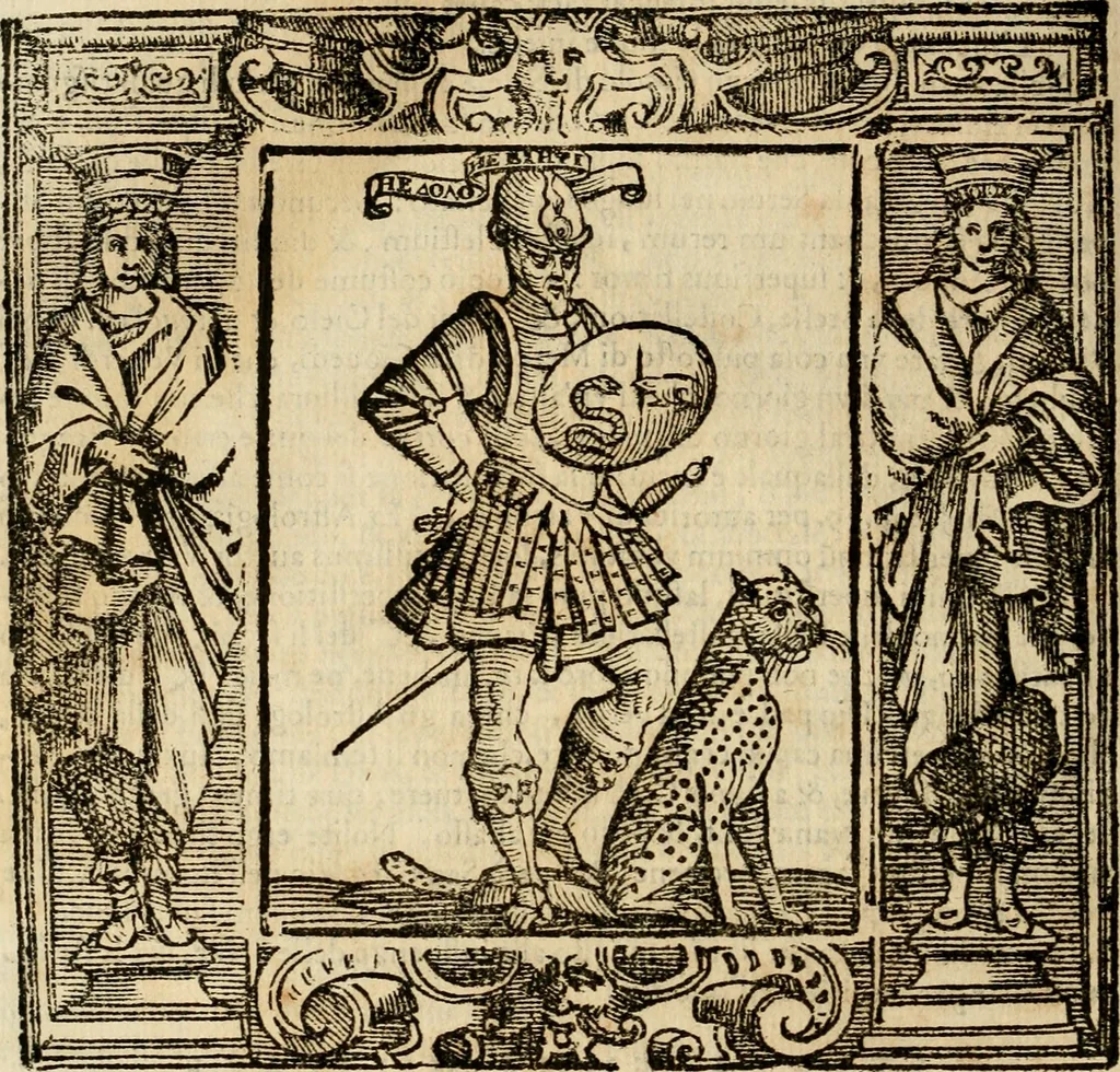 An illustration from Iconologia di Cesare Ripa perugino, cavre. de sti. Mauritio, e Lazzaro : nella quale si descriuono diuerse imagini di virtù, vitij, affetti, passioni humane, arti, discipline, humori, elementi, corpi celesti, prouincie d'Italia, fiumi, tutte le parti del mondo, ed altere infinite materie : opera vtile ad oratori, predicatori, poeti, pittori, scultori, disegnatori, e ad ogni studioso .., 1613, leaf 693
