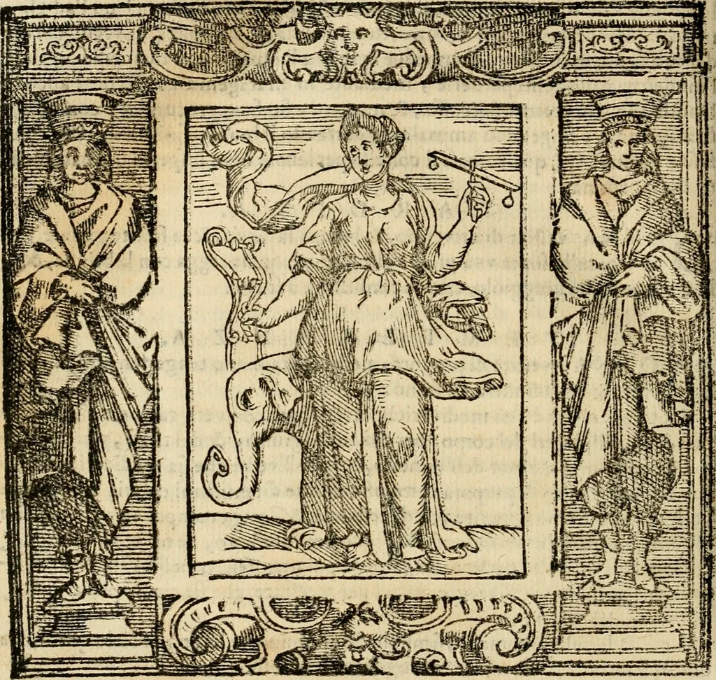An illustration from Iconologia di Cesare Ripa perugino, cavre. de sti. Mauritio, e Lazzaro : nella quale si descriuono diuerse imagini di virtù, vitij, affetti, passioni humane, arti, discipline, humori, elementi, corpi celesti, prouincie d'Italia, fiumi, tutte le parti del mondo, ed altere infinite materie : opera vtile ad oratori, predicatori, poeti, pittori, scultori, disegnatori, e ad ogni studioso .., 1613, leaf 703