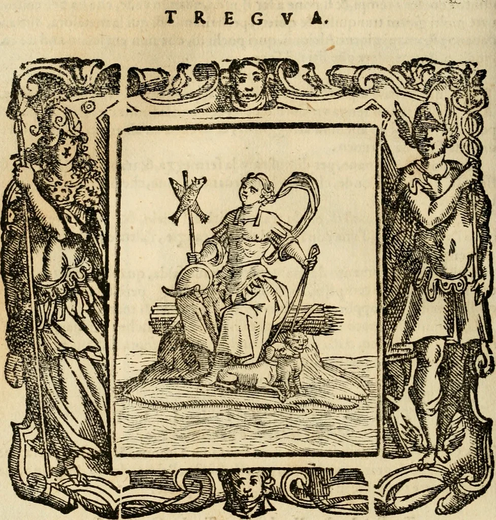 An illustration from Iconologia di Cesare Ripa perugino, cavre. de sti. Mauritio, e Lazzaro : nella quale si descriuono diuerse imagini di virtù, vitij, affetti, passioni humane, arti, discipline, humori, elementi, corpi celesti, prouincie d'Italia, fiumi, tutte le parti del mondo, ed altere infinite materie : opera vtile ad oratori, predicatori, poeti, pittori, scultori, disegnatori, e ad ogni studioso .., 1613, leaf 715